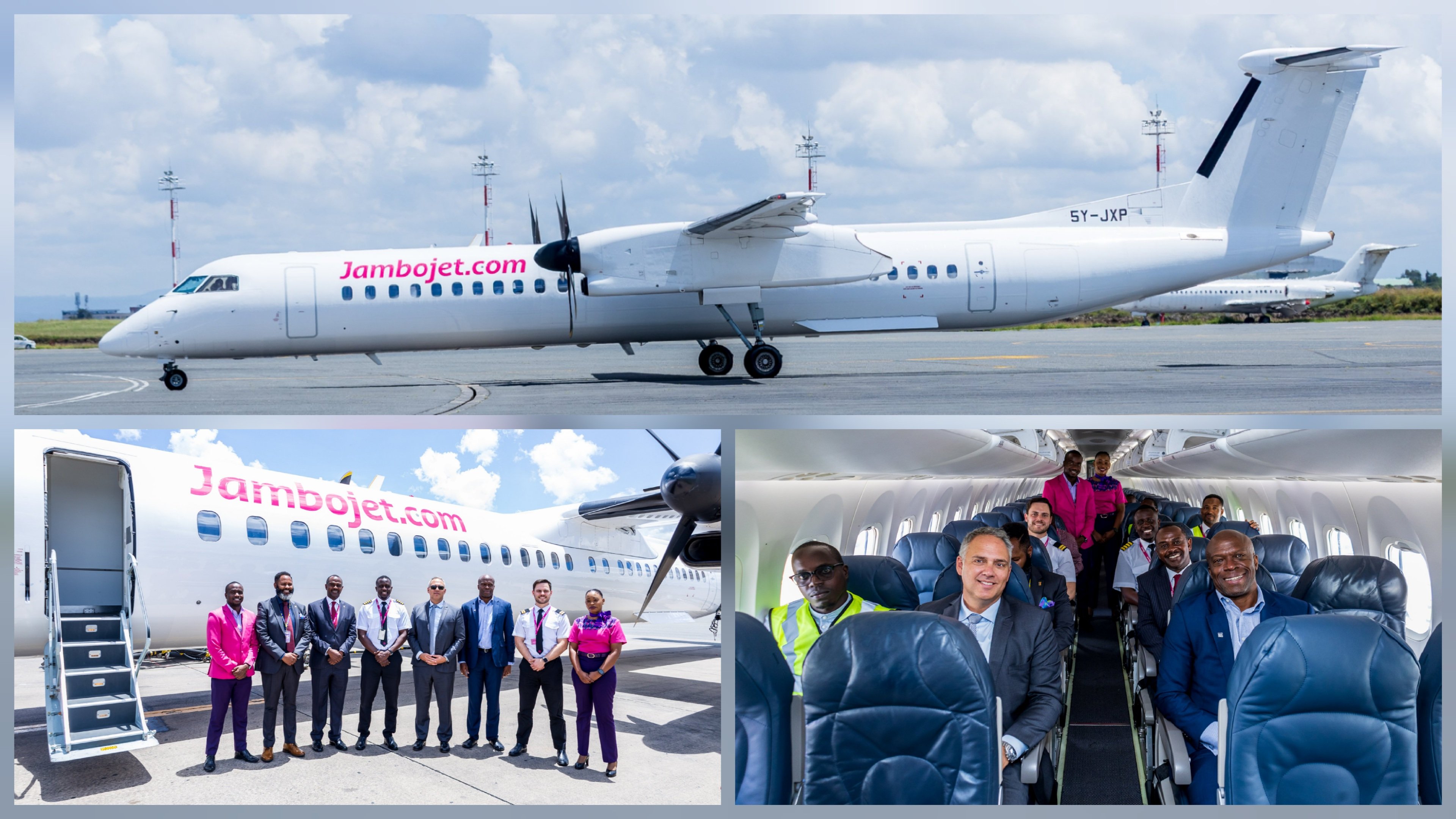 Interior view of a Jambojet De Havilland Dash 8-400 cabin showing senior management and crew members seated in the blue leather passenger seats.