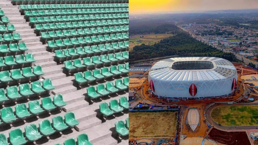 Collage with green bucket seats in stadium section on left and aerial view of large stadium under construction on right
