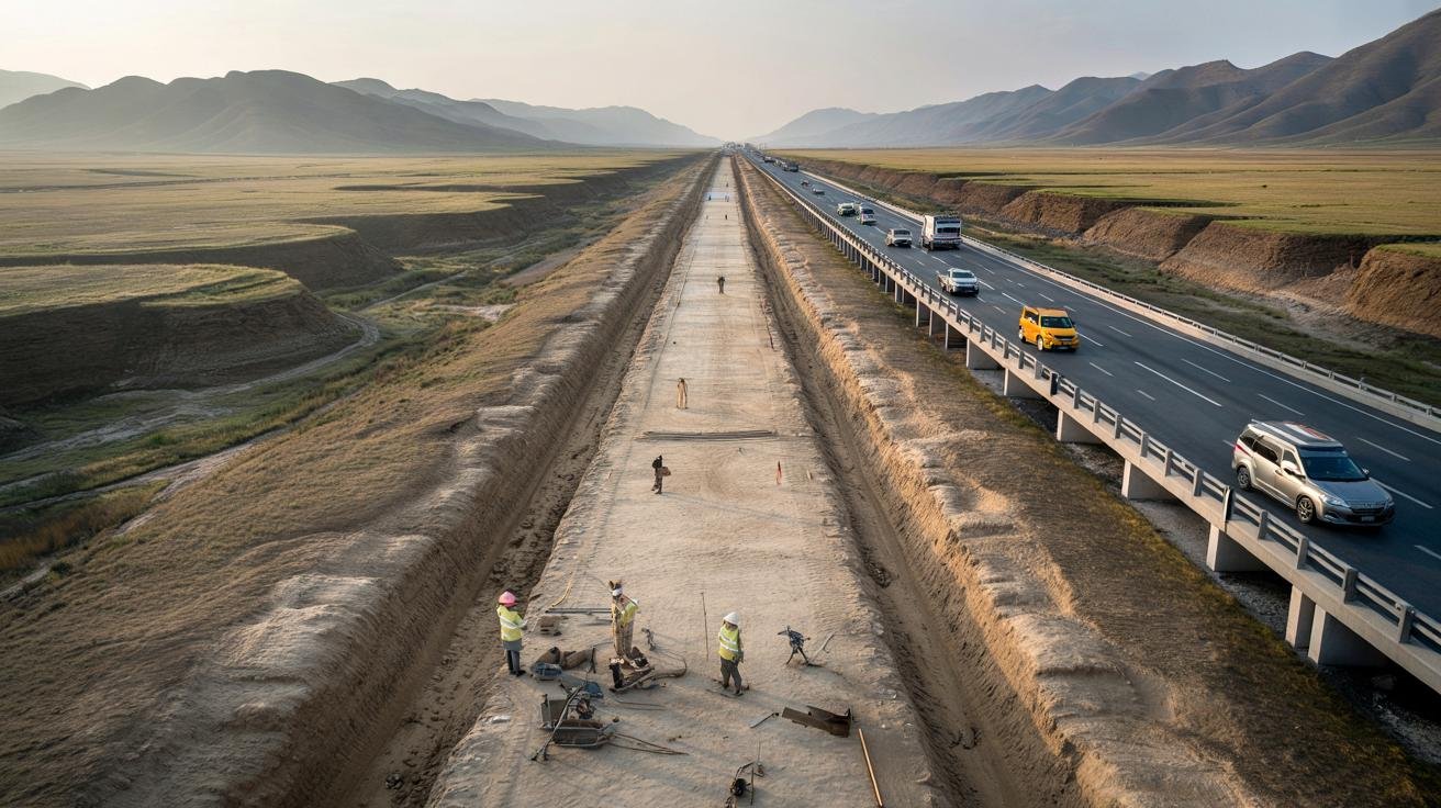 A wide view of a preserved section of an ancient rammed earth road cutting through a mountainous landscape in China.