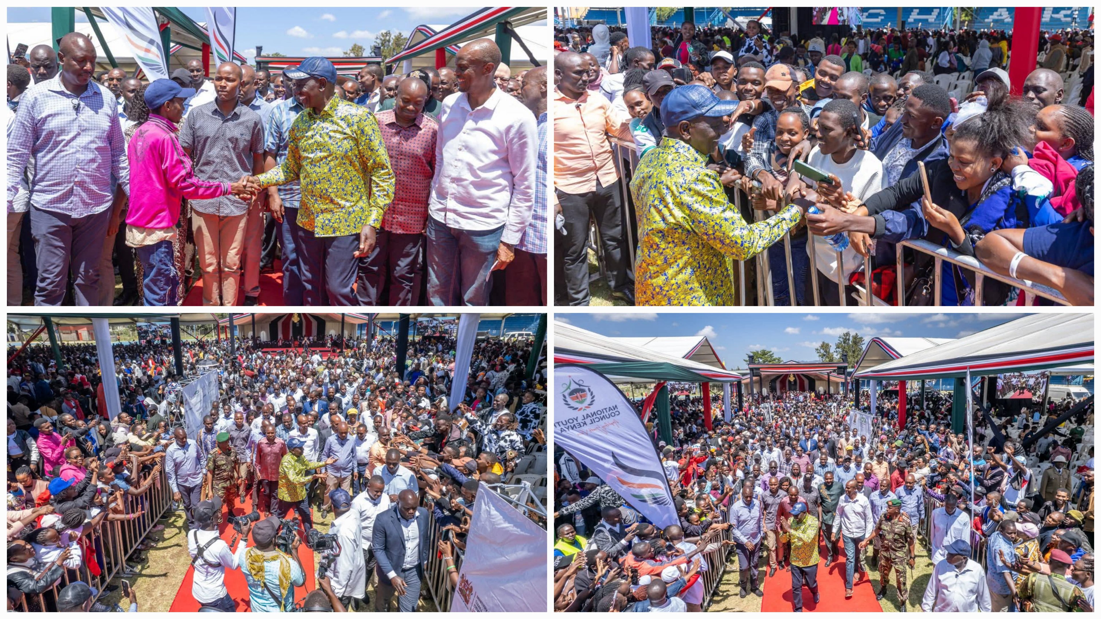 President William Ruto and government officials addressing a large gathering of young people at the Machakos Stadium during a formal fund disbursement ceremony.