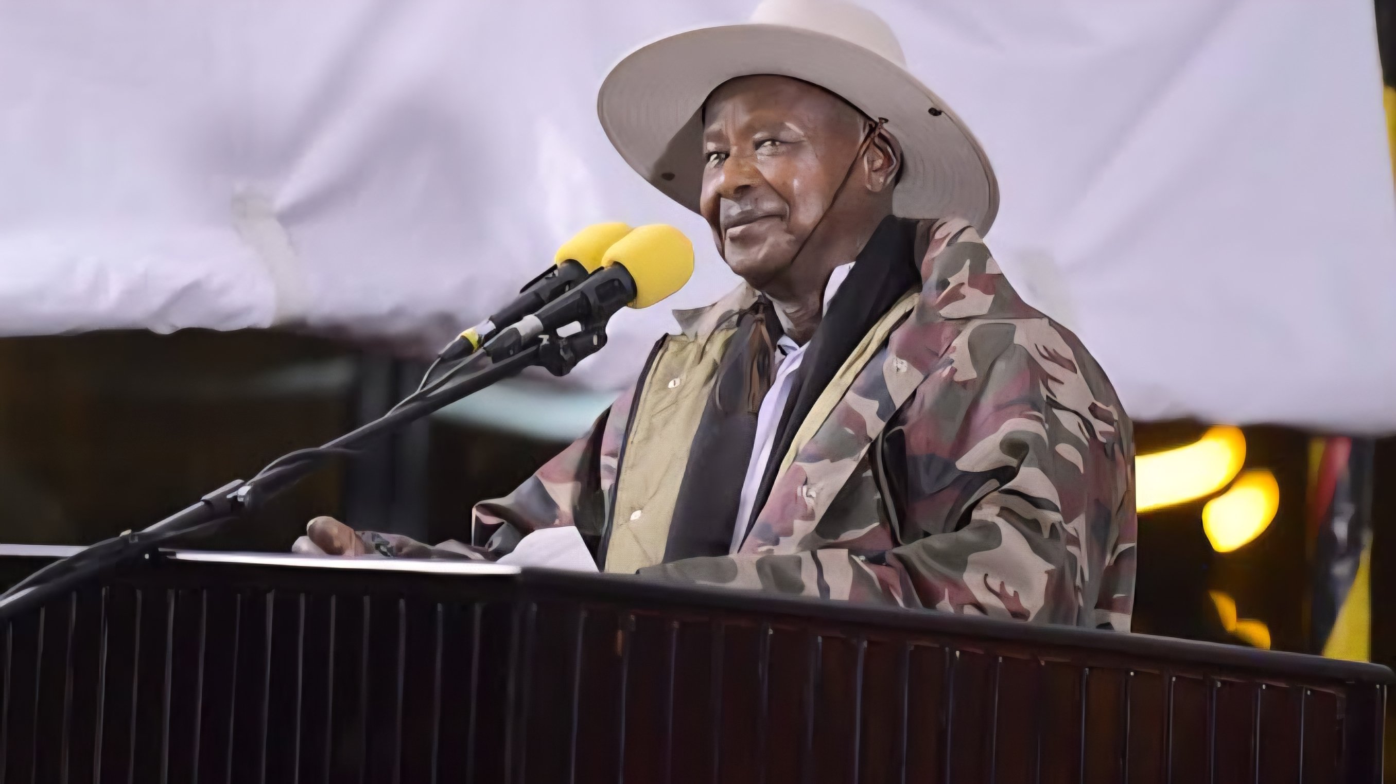 Ugandan President Yoweri Museveni speaking at a podium during a public event in April 2026.