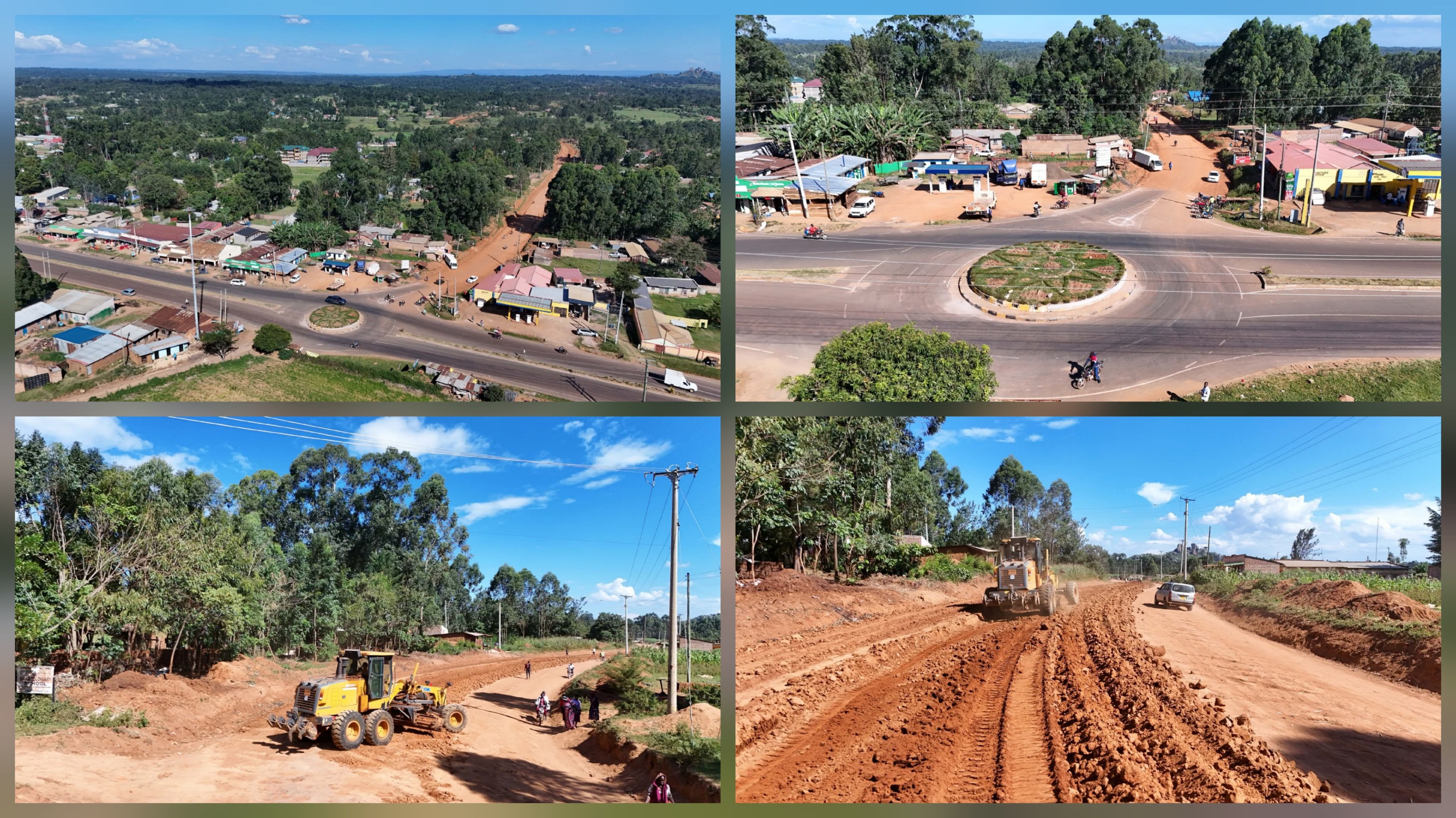 Photo collage of a rural road in Kenya undergoing construction with heavy machinery and a newly laid bitumen surface.