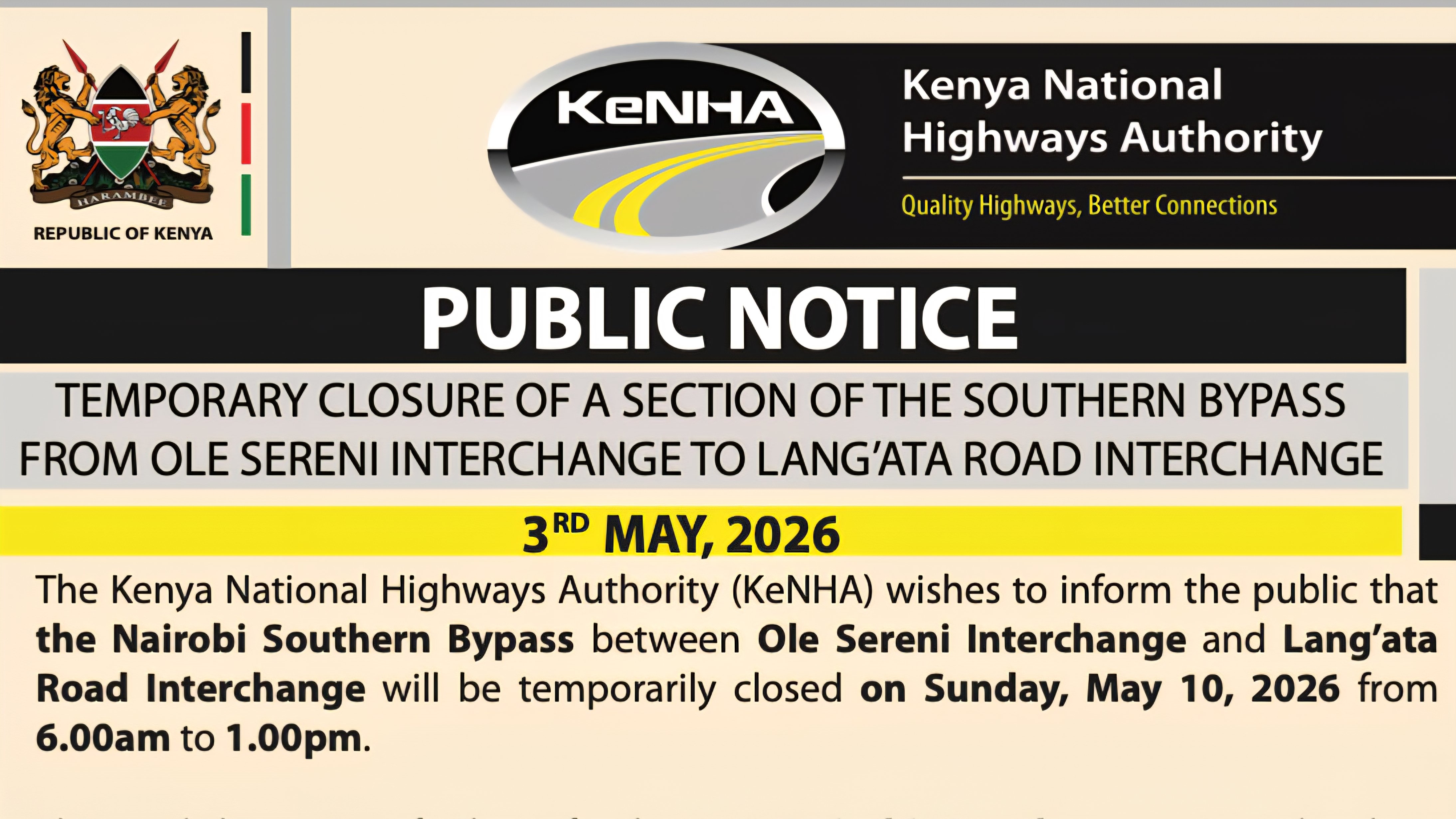 Major Section of Nairobi Southern Bypass to Close This Sunday