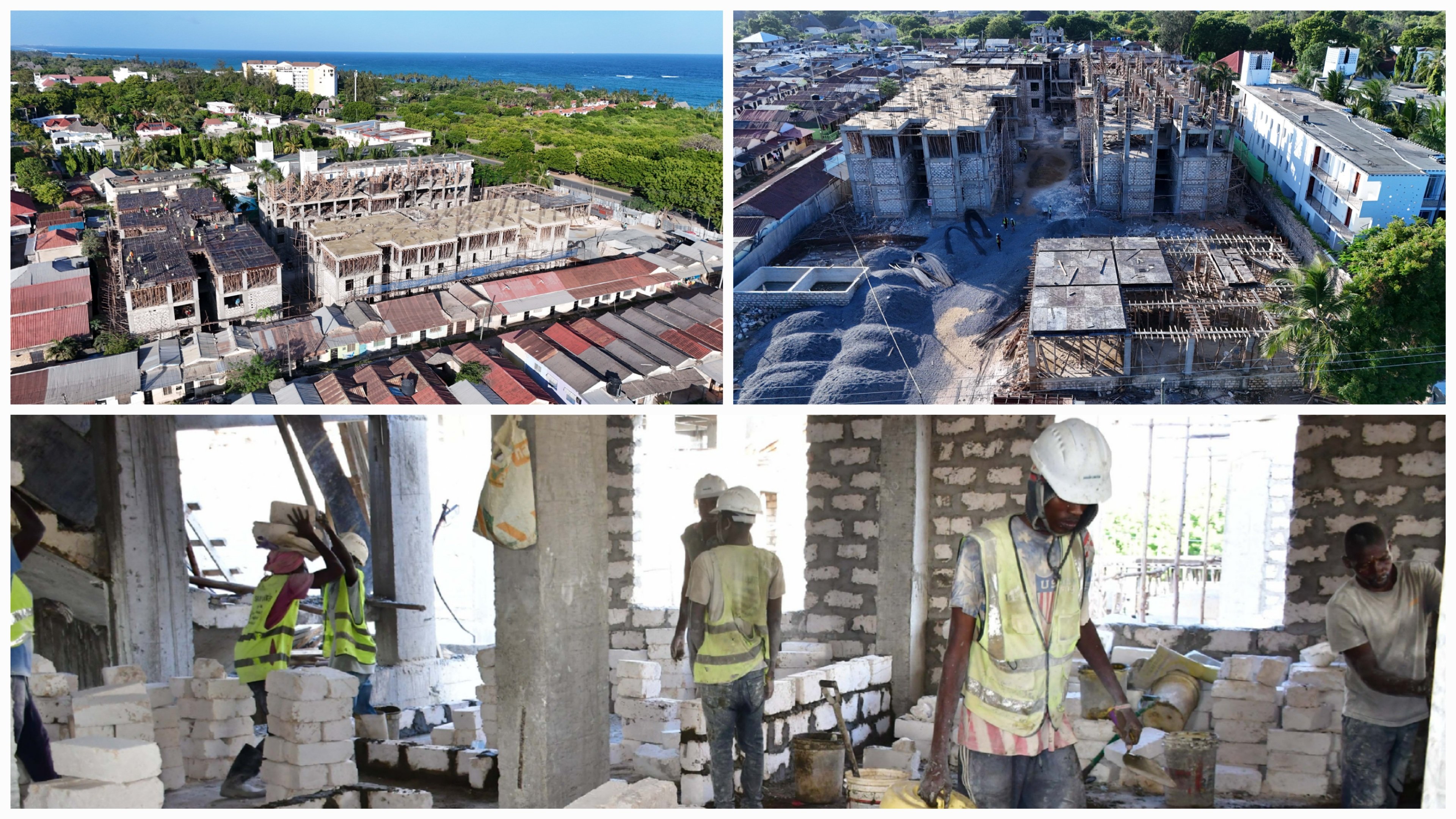 Aerial and ground-level views of the 154-unit Diani Affordable Housing project under construction in Kwale County, showing multi-story concrete structures and workers on-site.