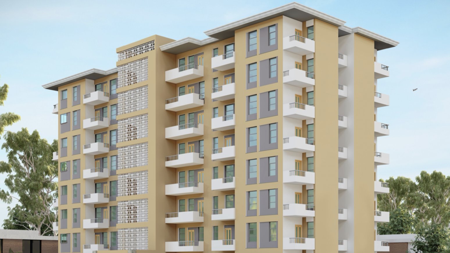 Architectural rendering of the multi-story Lang'ata Affordable Housing blocks showing modern facades and landscaped walkways.