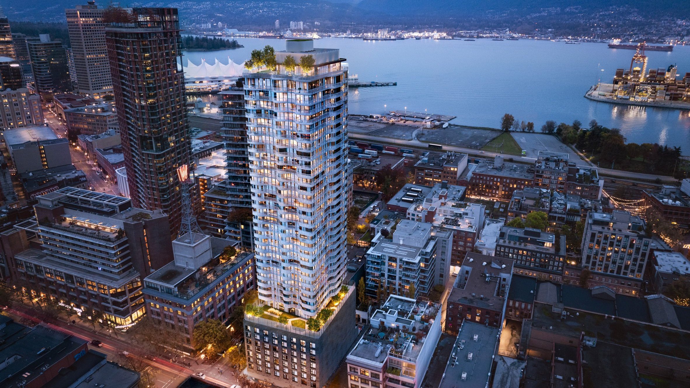 Architectural rendering of a 314-metre supertall skyscraper in Vancouver featuring a glass facade inspired by sea sponge structures.