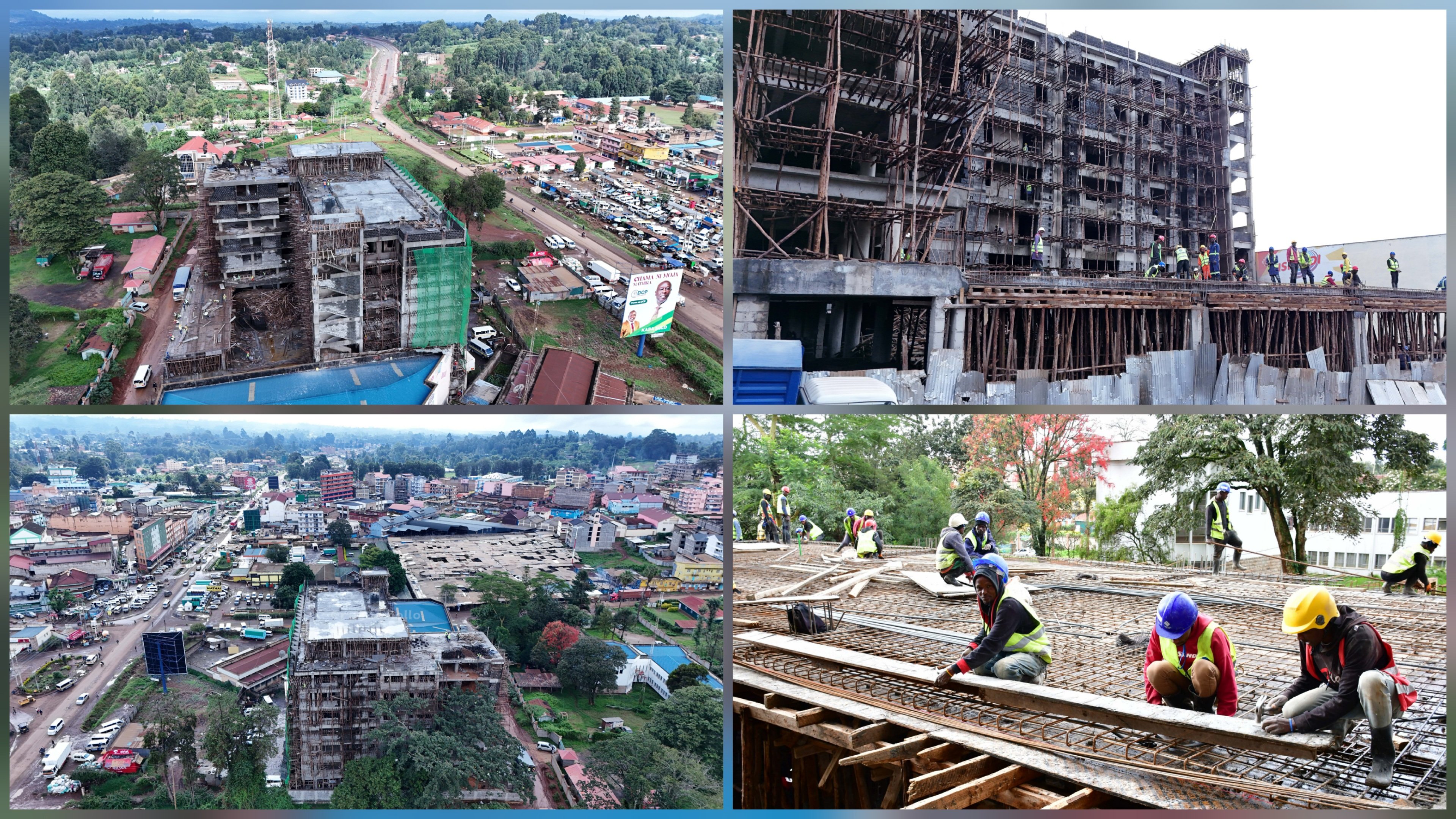 A wide-angle aerial view of the Karatina School of Health Sciences construction site showing a six-storey reinforced concrete frame with workers performing slab casting on the top level.