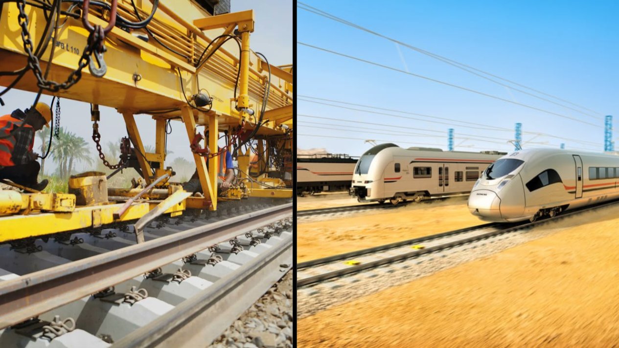 A worker operates heavy construction machinery to position railway track components for the new high-speed network.