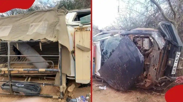 "Overturned patrol vehicle on Matuu-Mwingi Road after fatal accident involving three police officers and a civilian.