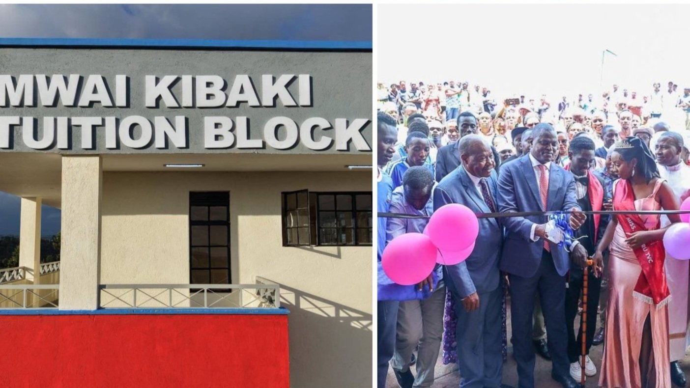 Aerial and ground-level views of the newly commissioned Mwai Kibaki Tuition Block at Kiharu Technical and Vocational College, featuring blue roofing and a ribbon-cutting ceremony.