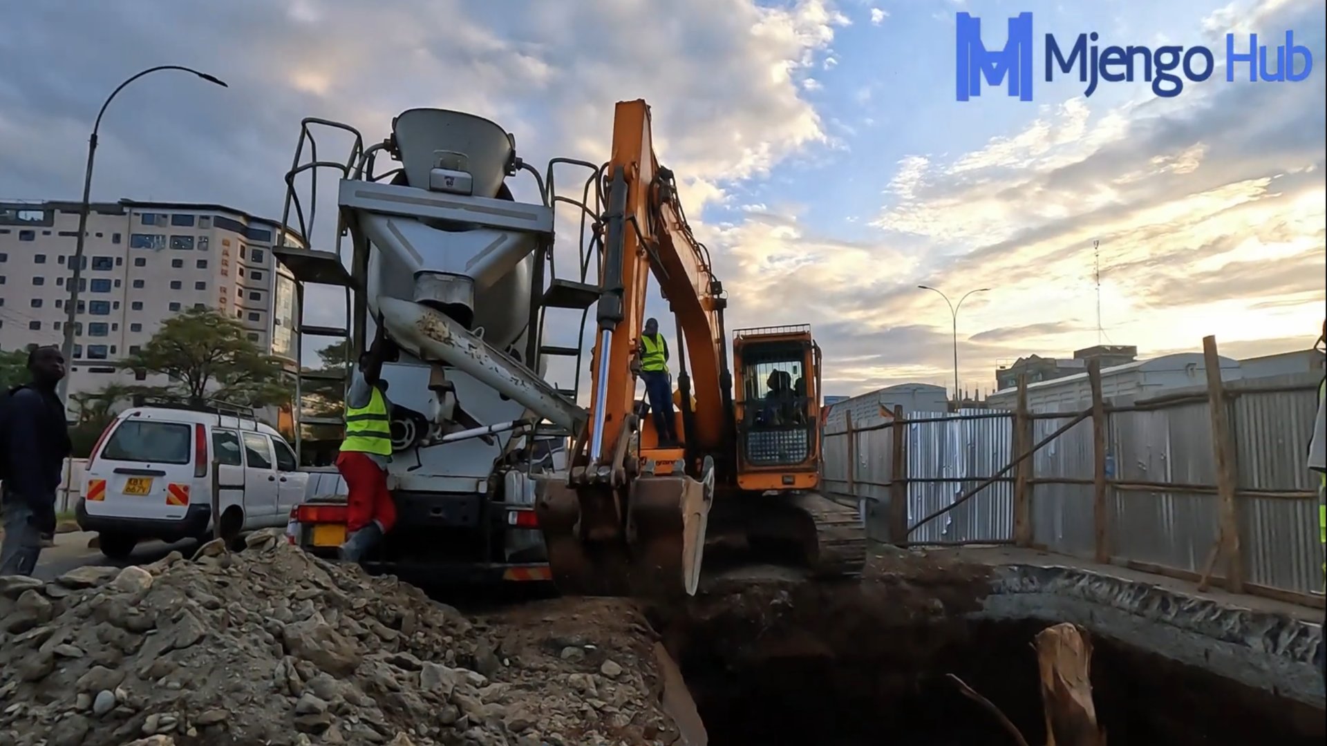 Construction workers preparing the foundation for the new Kihunguro footbridge on the central reserve of Thika Road
