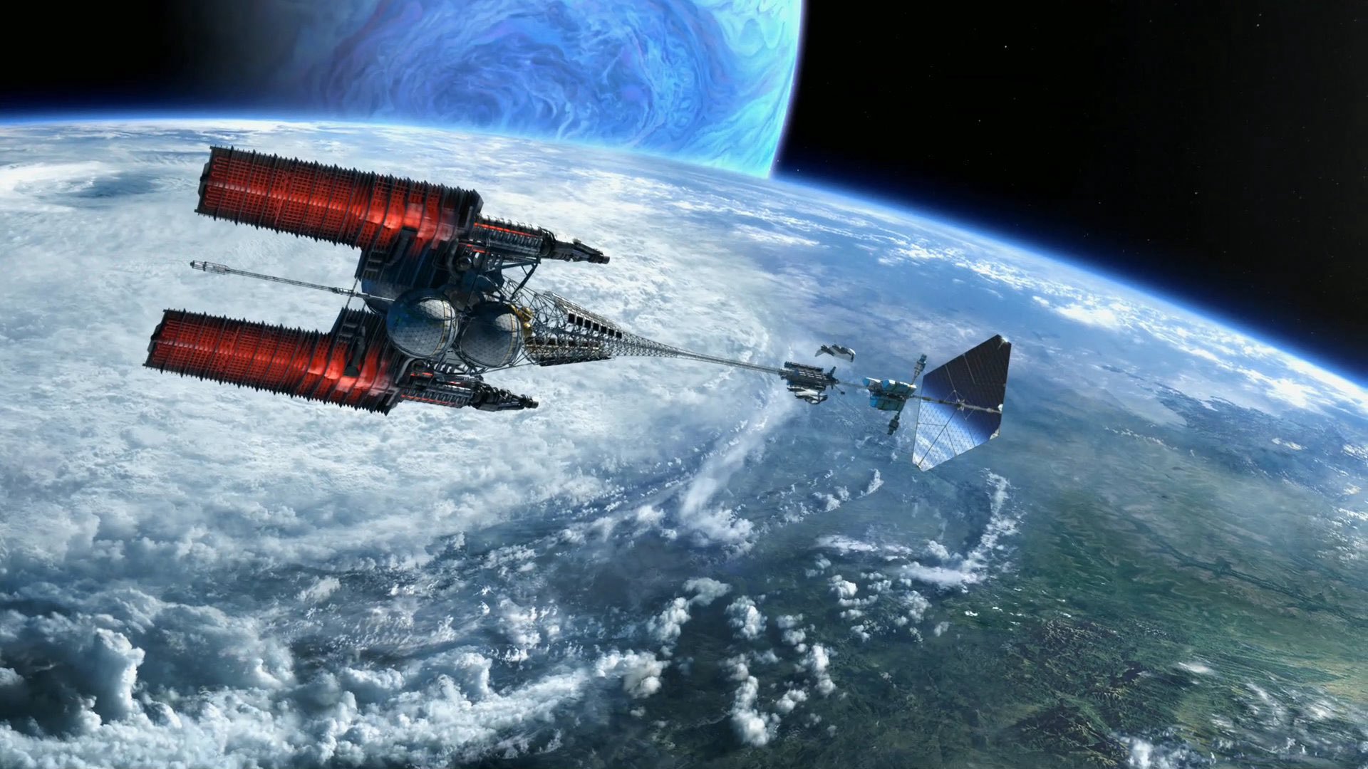 Digital illustration of a large spacecraft with red radiator panels orbiting a planet, representing advanced interplanetary transport infrastructure.