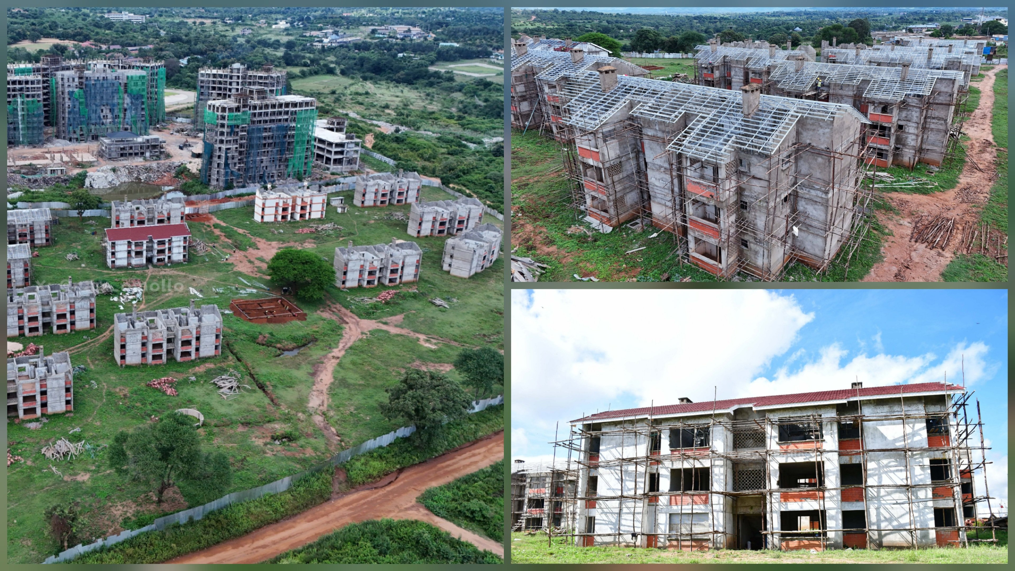 Aerial and ground-level views of multiple three-story residential apartment blocks under construction in Wote, Makueni County, showing grey stone masonry and scaffolding.