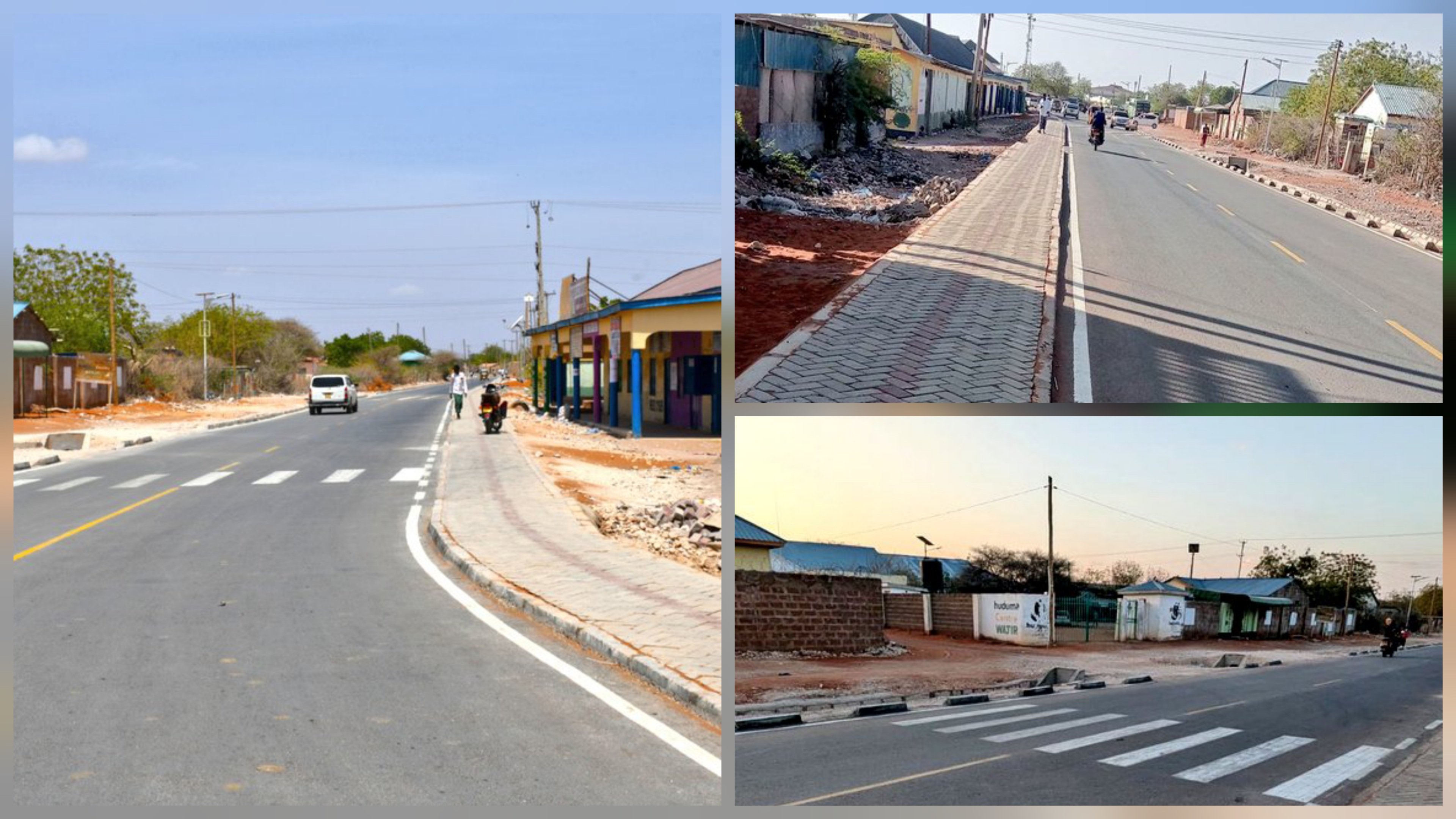 View of a newly paved bitumen road in Wajir town with white lane markings and a pedestrian walkway made of grey paving blocks.