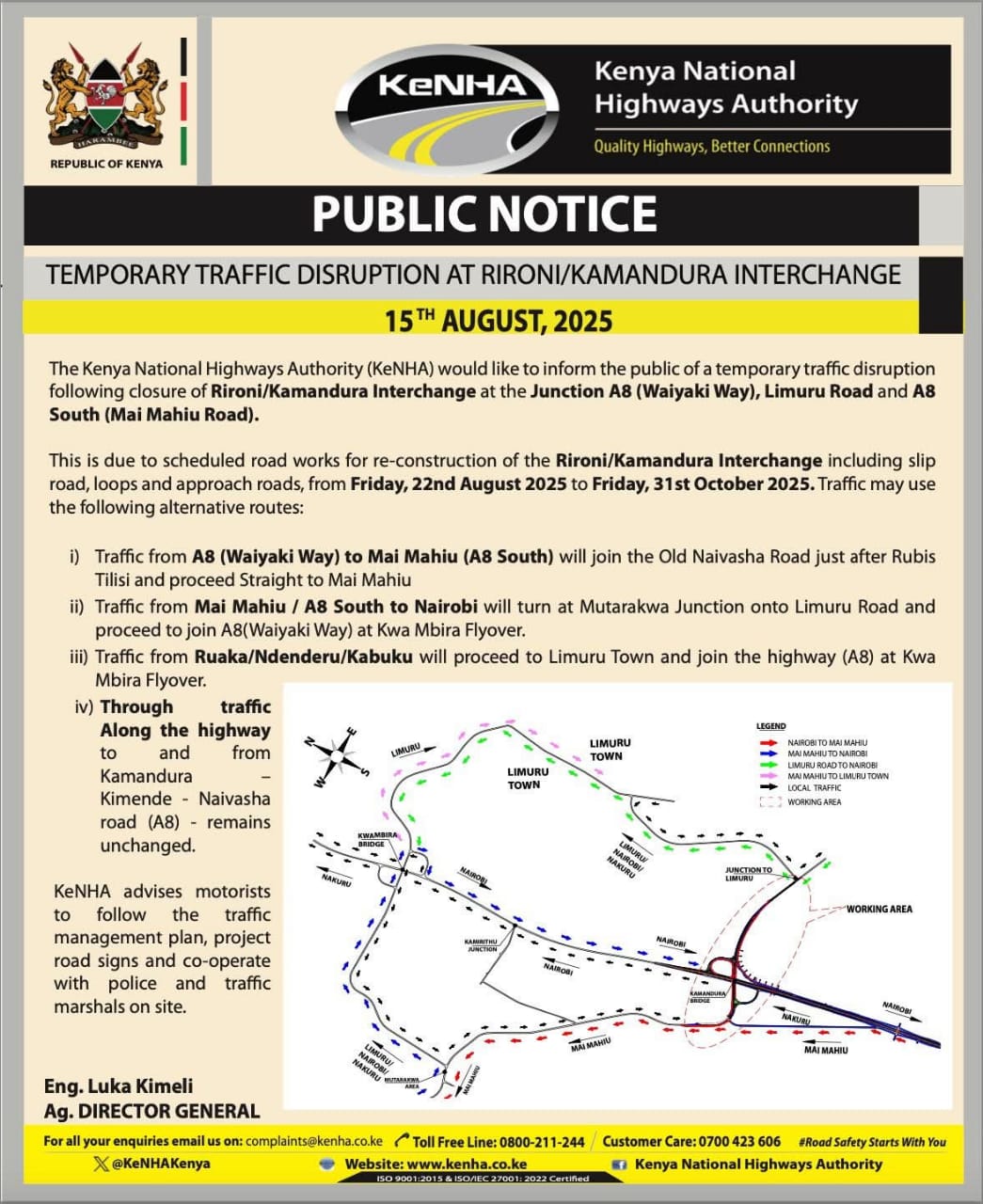 An official public notice from the Kenya National Highways Authority (KeNHA) detailing the road closure at the Rironi/Kamandura Interchange for reconstruction work, specifying the start and end dates of the closure from August 22, 2025, to October 31, 202