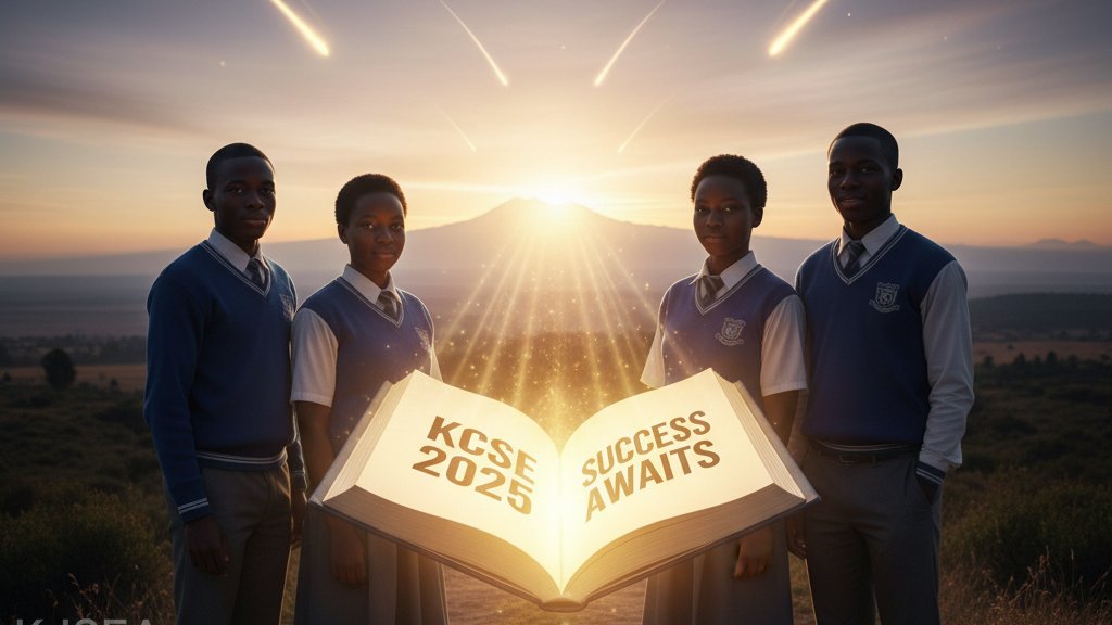 Four Kenyan secondary school students in uniform stand proudly around a large, glowing open book displaying the text "KCSE 2025 SUCCESS AWAITS," set against a sunrise backdrop with shooting stars overhead. The initials KJSEA, KPSEA, KILEA, and PPVEA are s