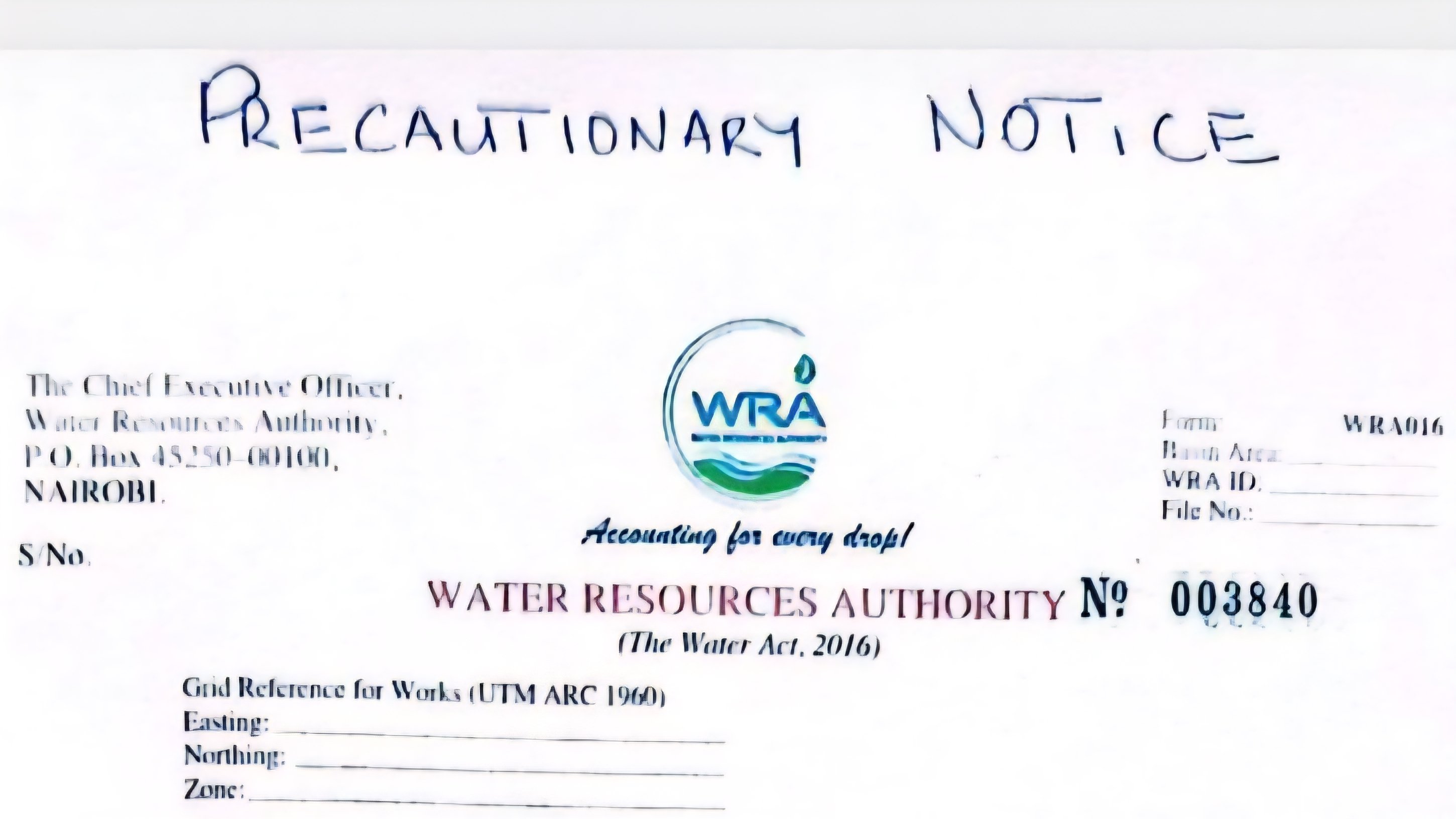 Official Water Resources Authority precautionary notice document titled Order No 003840 regarding Nairobi Dam flood risks.