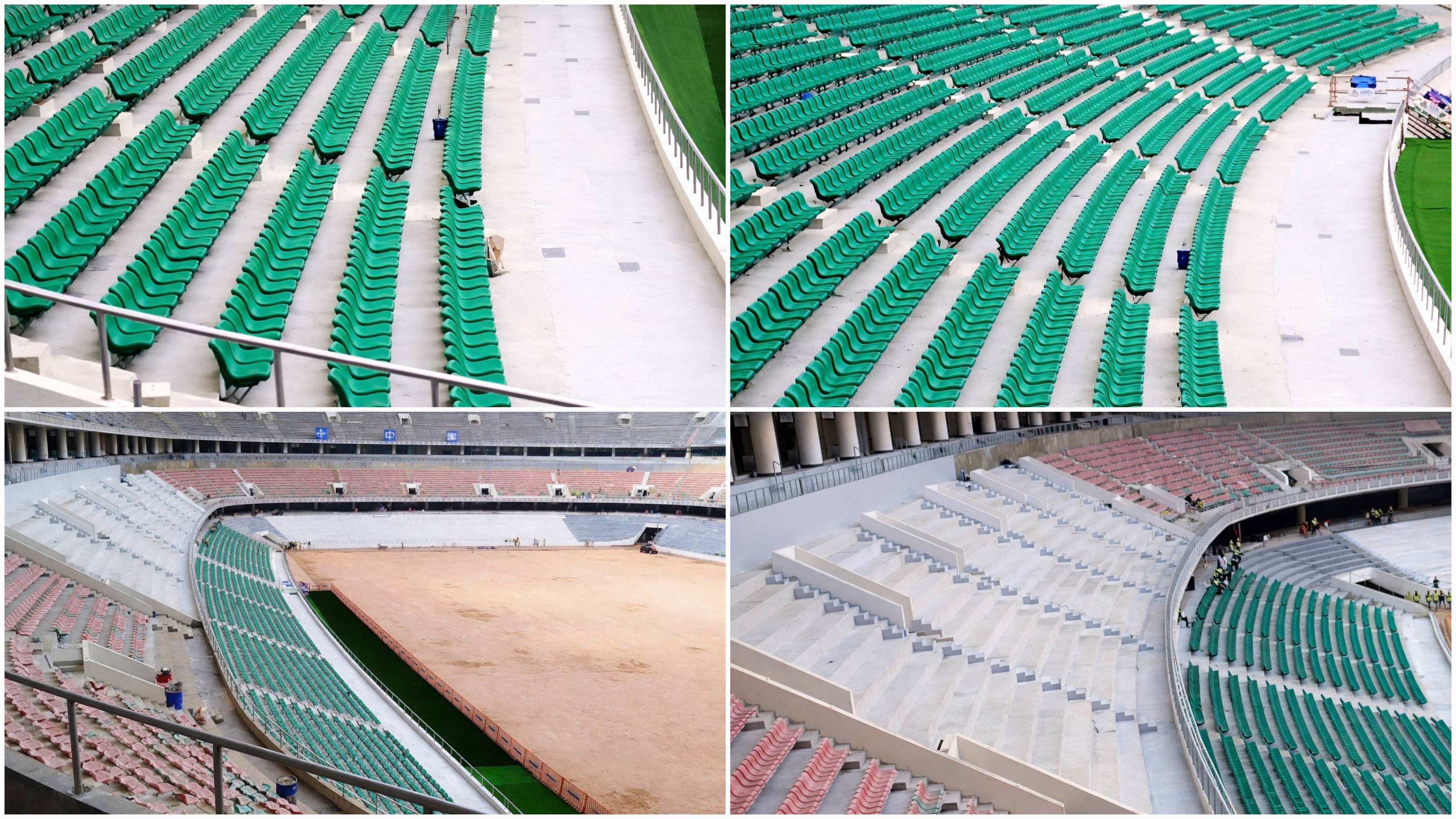 Rows of newly installed green folding seats on the concrete terraces of the Talanta Sports City stadium in Nairobi.