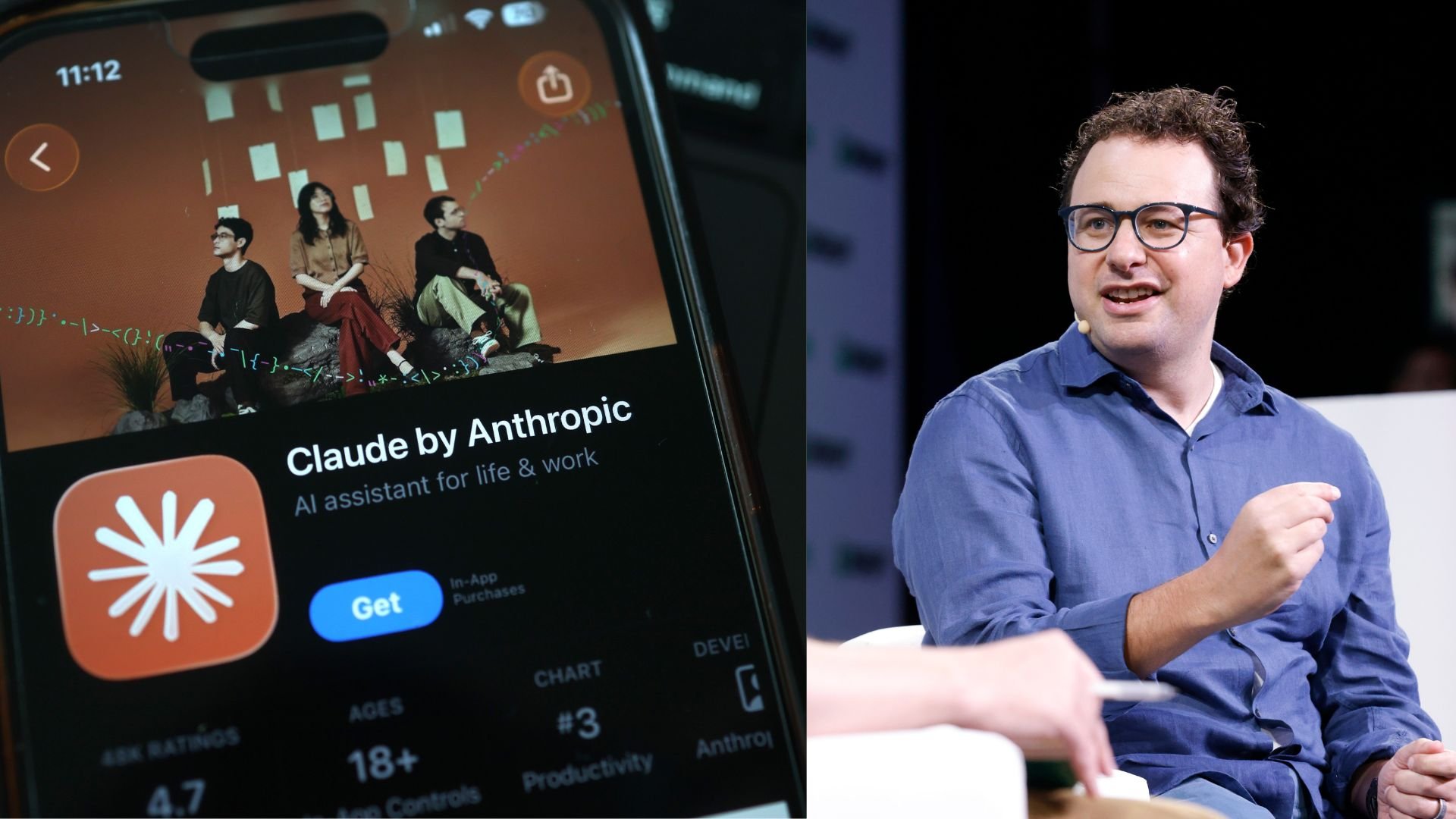 A split image showing the Claude AI interface on a smartphone screen and Anthropic CEO Dario Amodei speaking at a public event.