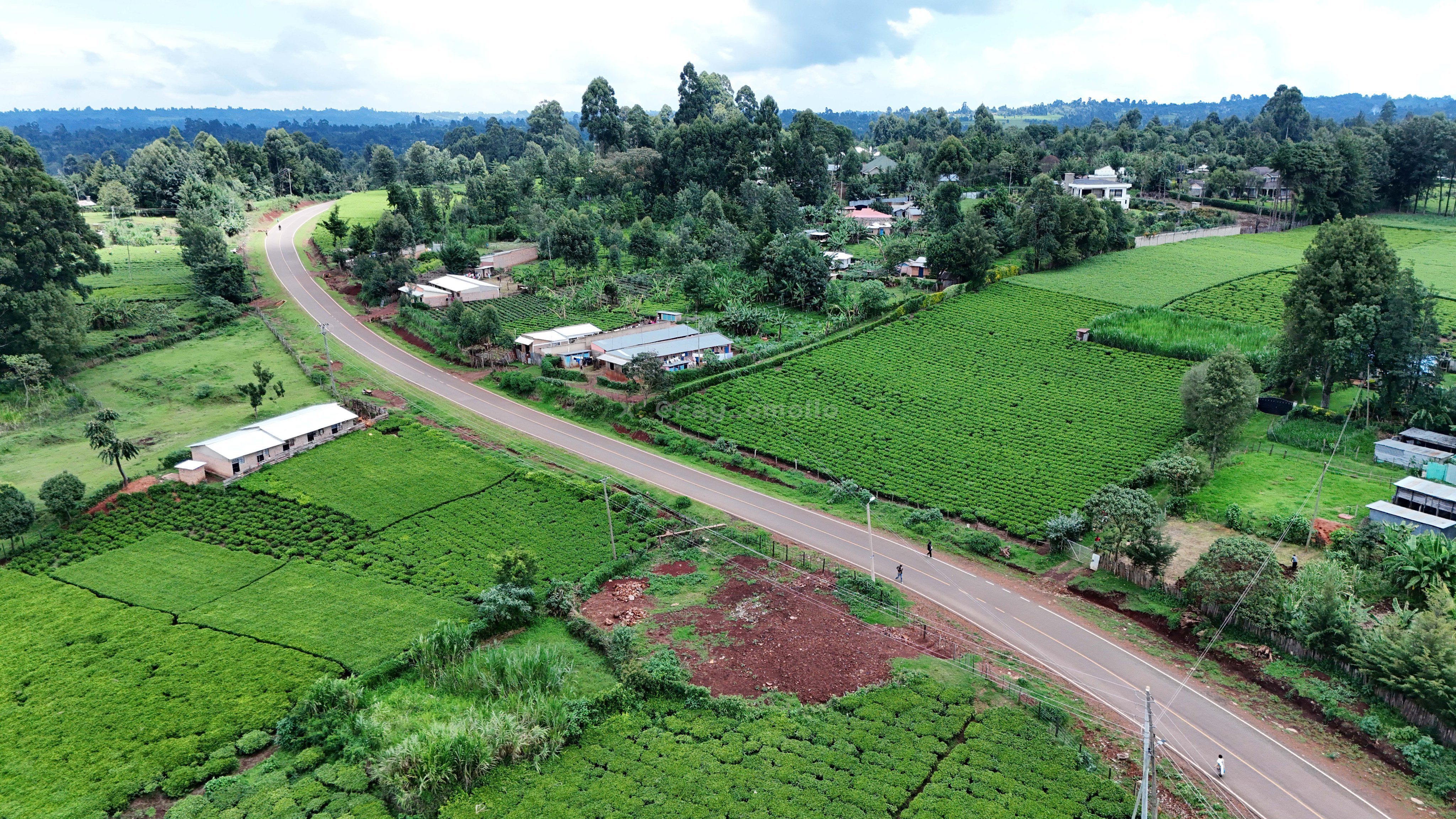 Aerial view of a newly paved bitumen road winding through lush green tea plantations and rural homesteads in Kericho County, Kenya.