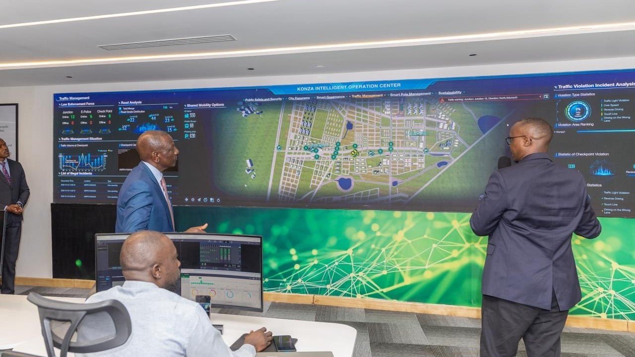 President William Ruto (center) is briefed on the functionalities of the new Intelligent Operation Centre (IOC), which will serve as the command and control center for Konza Technopolis, the Silicon Savannah.