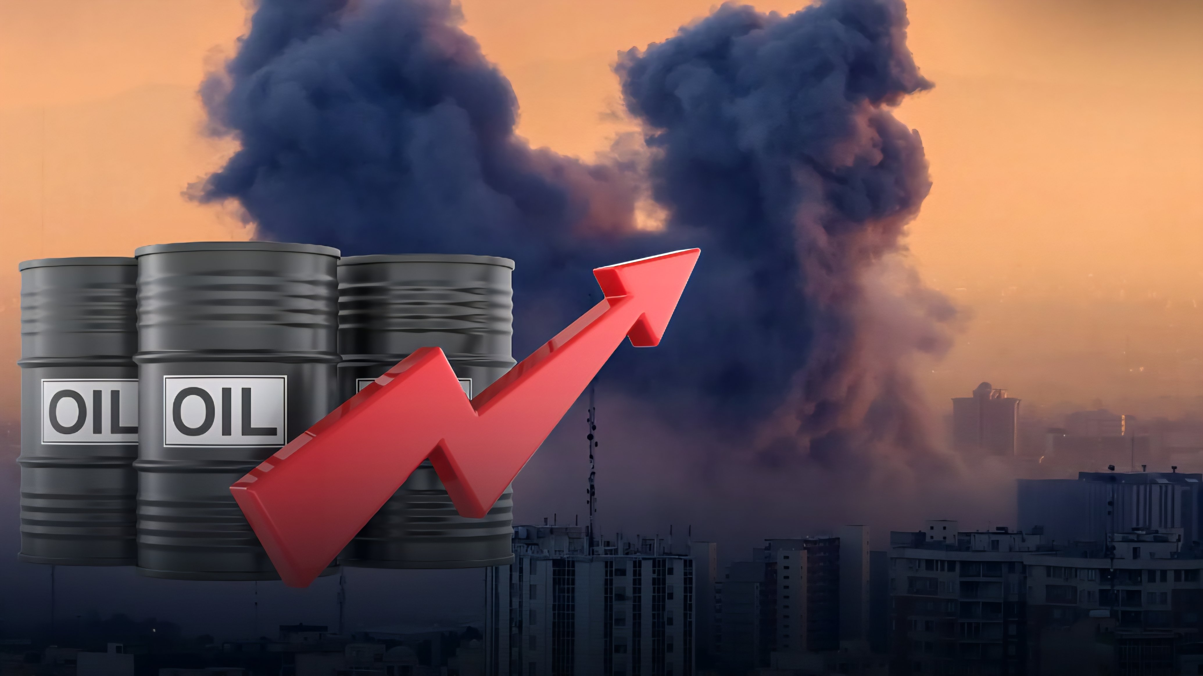 Stacked black oil barrels in the foreground with thick black smoke rising from a distant urban skyline under a sunset sky.