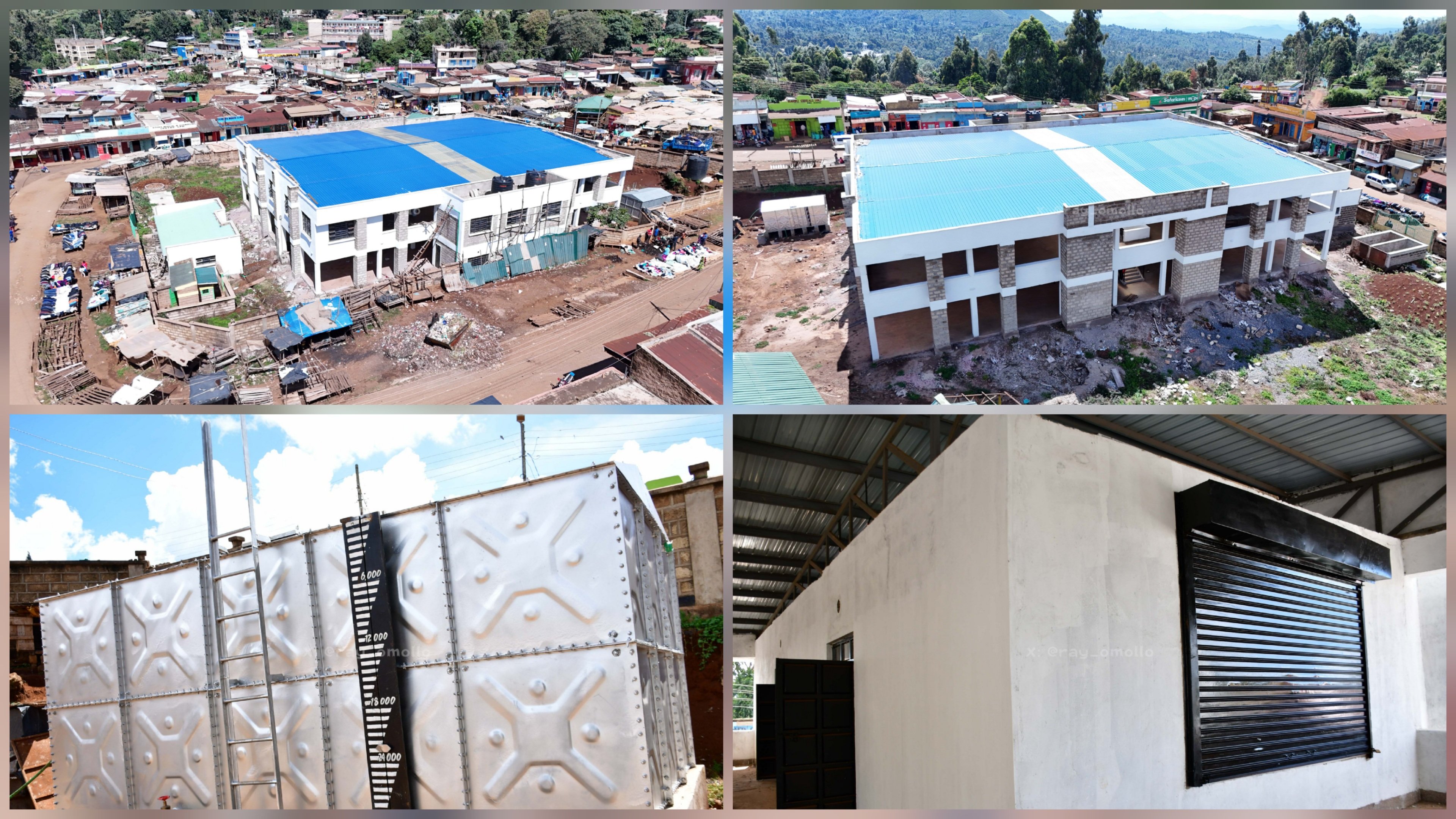 Aerial and ground-level views of the Kangeta ESP Market in Meru County showing a two-story white building with a blue roof, a large silver water tank, and interior trading stalls with black roller shutters.