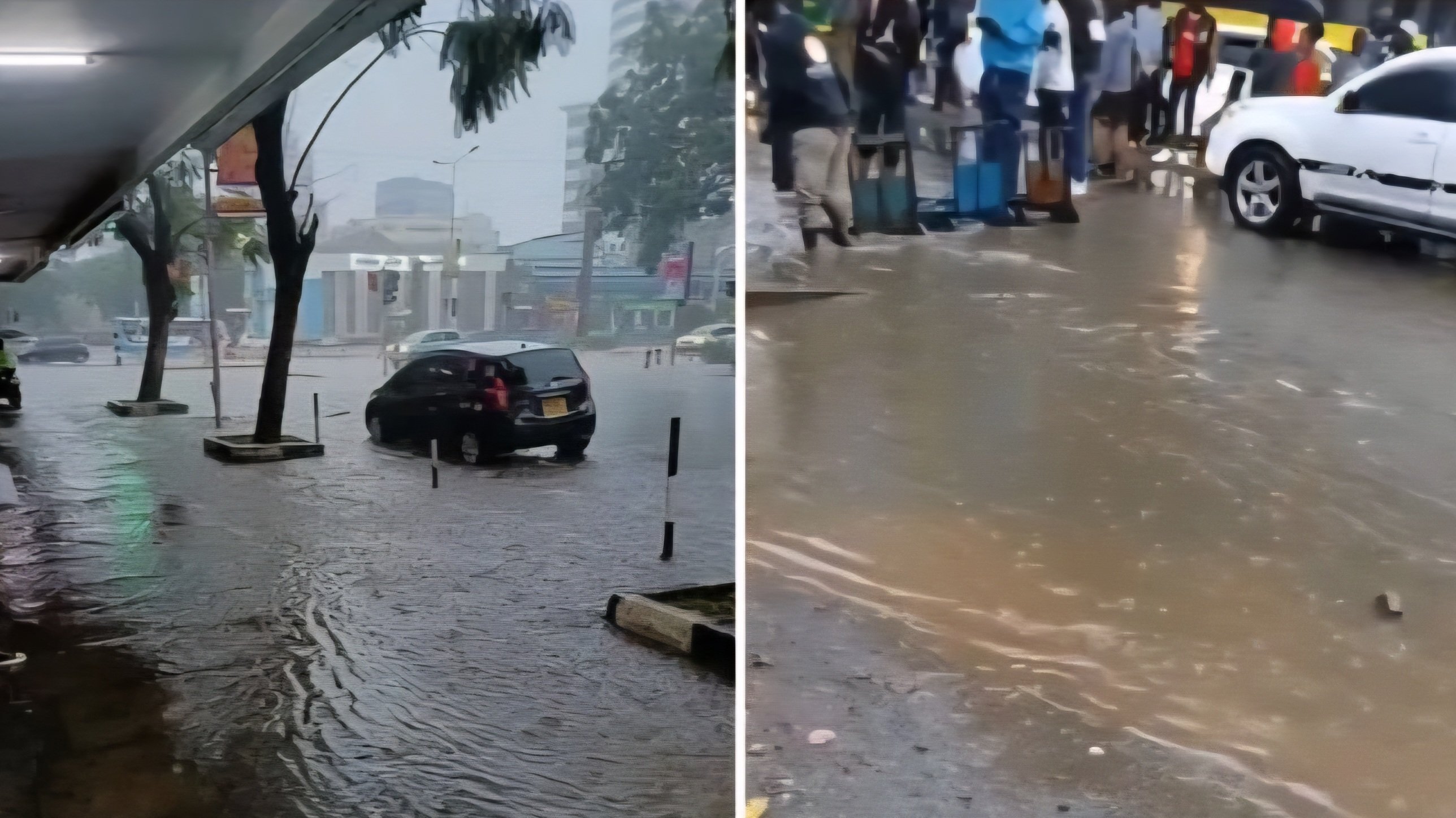 Flooded urban street in Kenya with vehicles navigating waterlogged tarmac during heavy rainfall