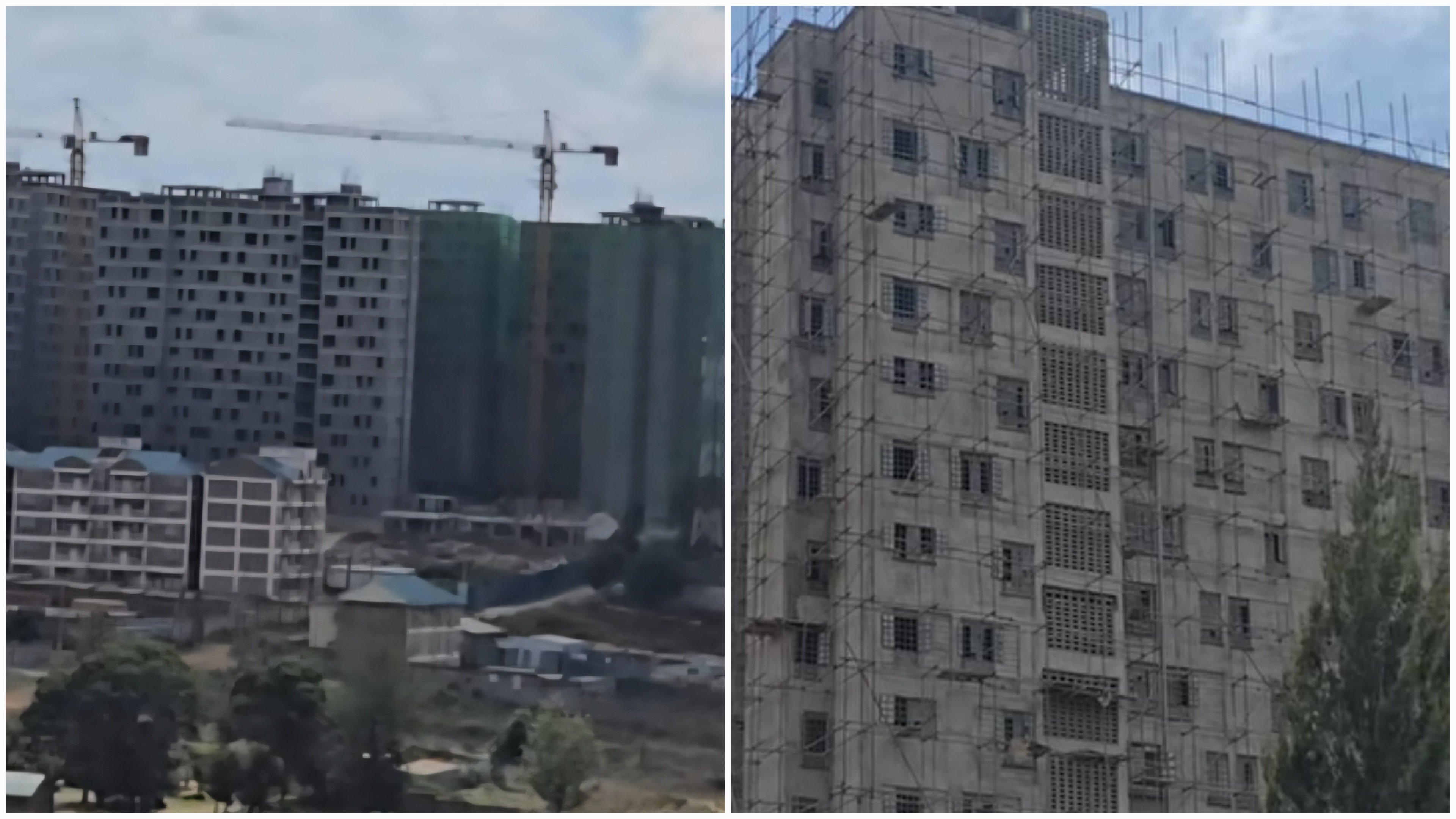 Wide-angle view of multiple high-rise affordable housing blocks under construction in Eldoret, showing tower cranes and concrete structures against a cloudy sky.