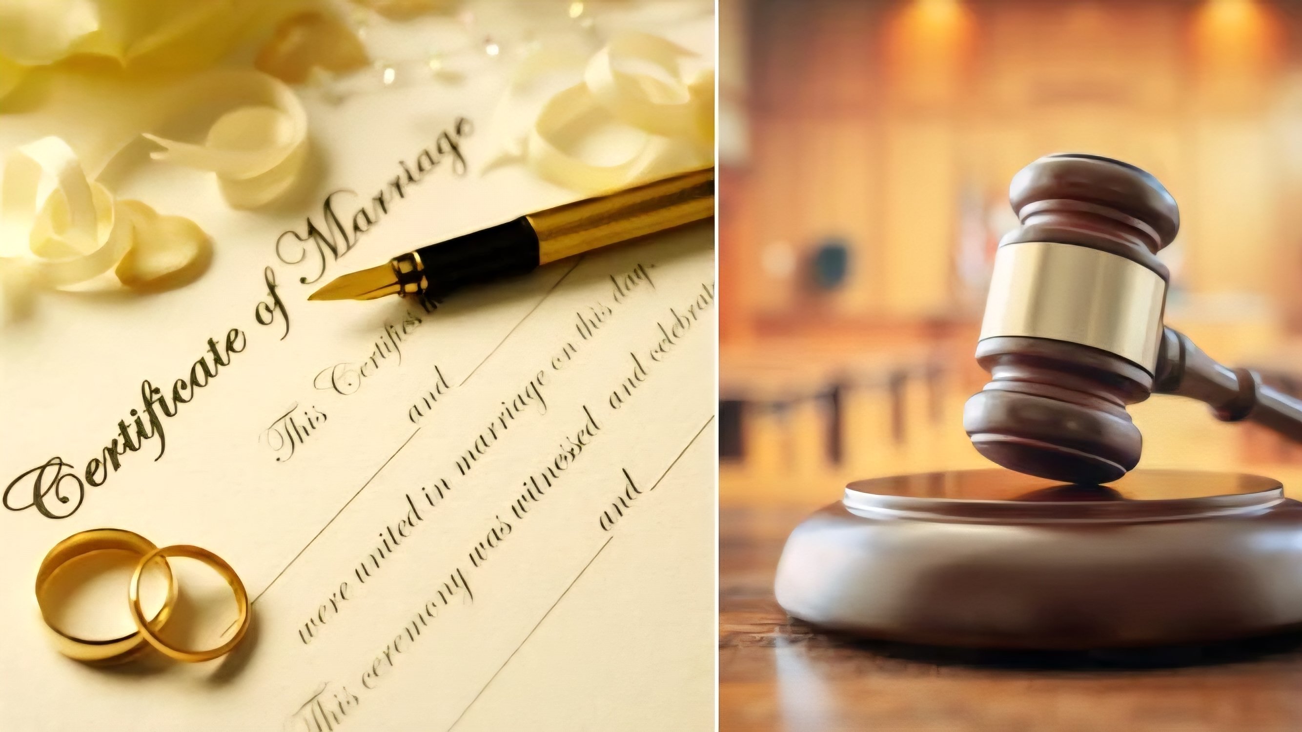 File 248956.png shows a split screen with a close-up of a marriage certificate and fountain pen on the left, and a wooden judicial gavel on the right.