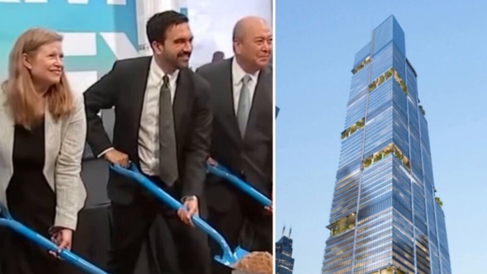 A split image showing dignitaries holding blue shovels during a groundbreaking ceremony alongside an architectural rendering of a tiered glass skyscraper.