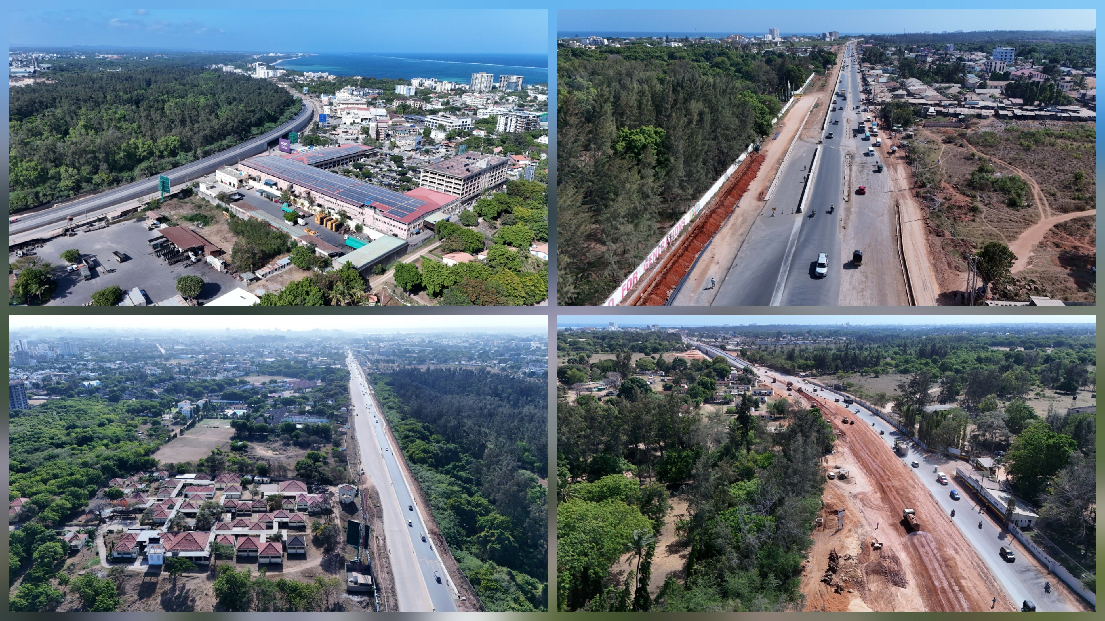 Heavy machinery and construction workers active on the dual carriageway site of the Mombasa to Mtwapa road project near the Mtwapa Bridge area.