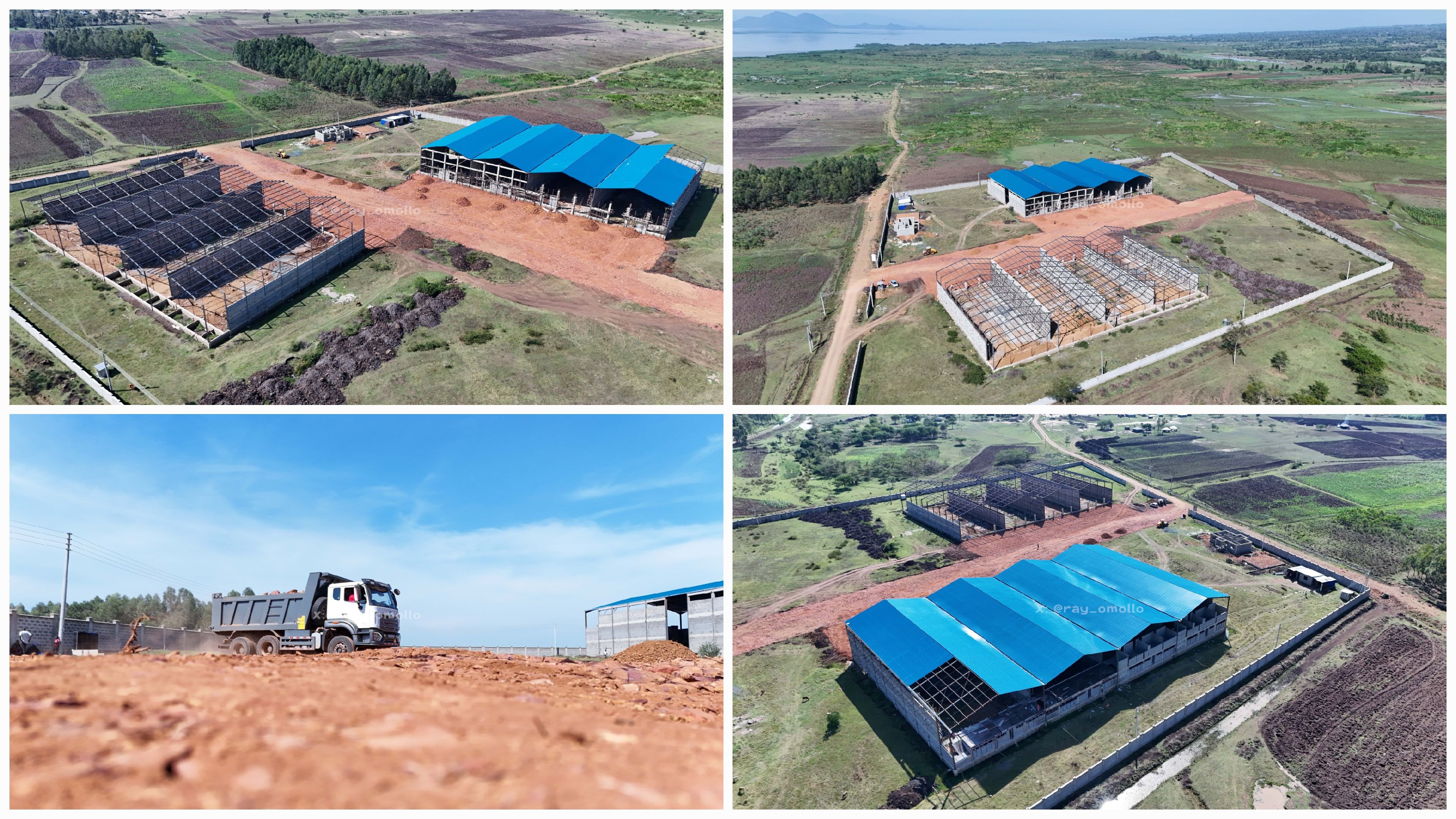 Aerial pictures of the ongoing construction site of the County Aggregation and Industrial Park (CAIP) in Riwa, Homa Bay County, showing several large warehouse structures in various stages of construction and a newly built perimeter wall.
